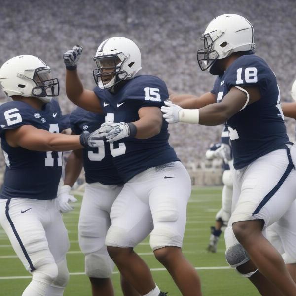 Penn State football players celebrating a touchdown on the field, arms raised in victory
