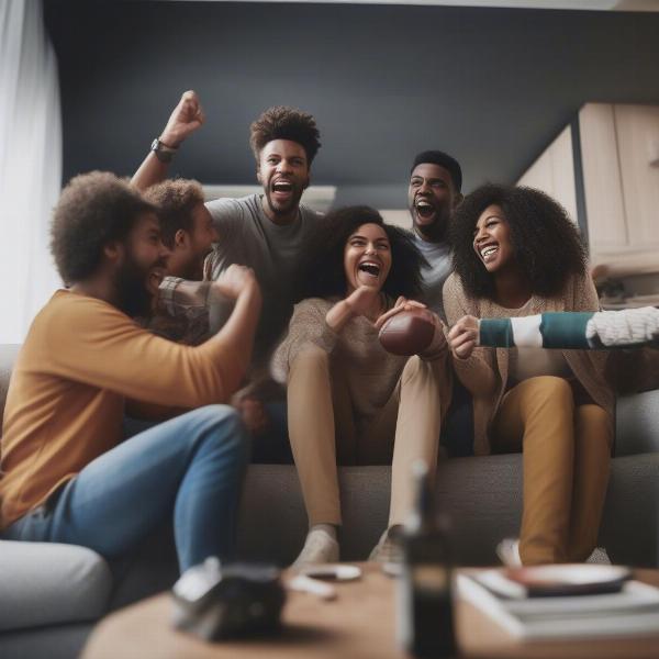 Group of friends watching football game on television