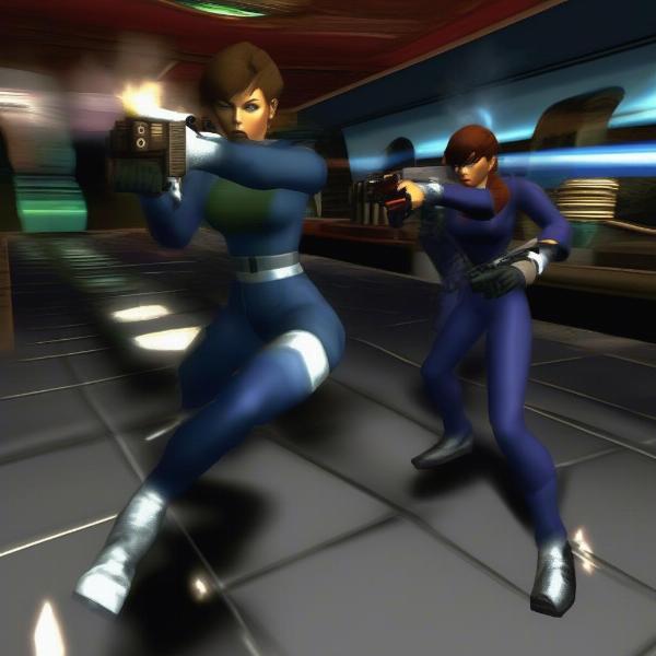 intense multiplayer action scene from perfect dark n64 with players battling it out in a futuristic setting