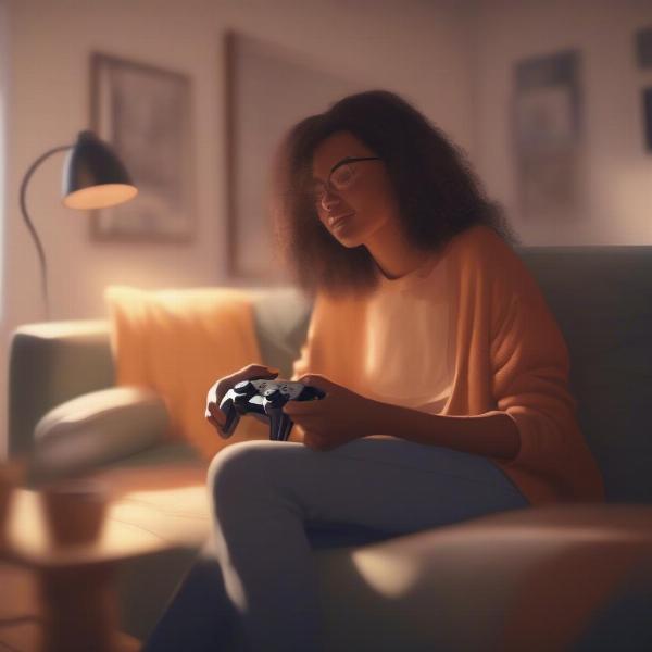 person lounging on couch relaxed with game controller looking happy that they finally got to play