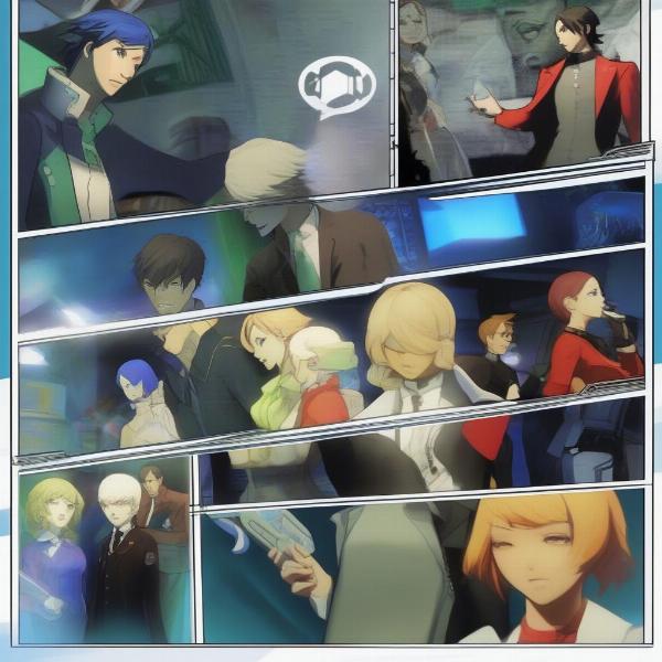 Persona 3 Reload scene featuring character interaction and stylish UI elements.