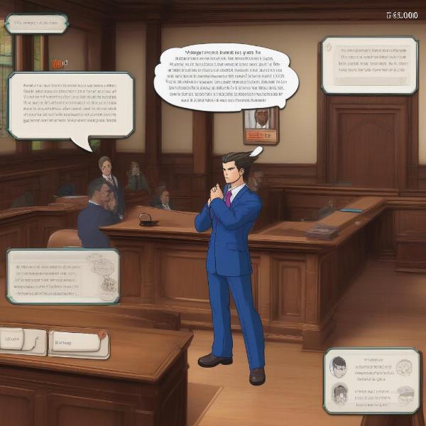 Gameplay from the Ace Attorney Trials and Tribulations game showing Phoenix Wright in court