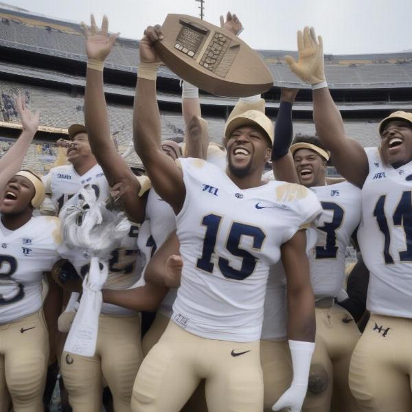 Pitt Panthers players holding up a bowl game trophy