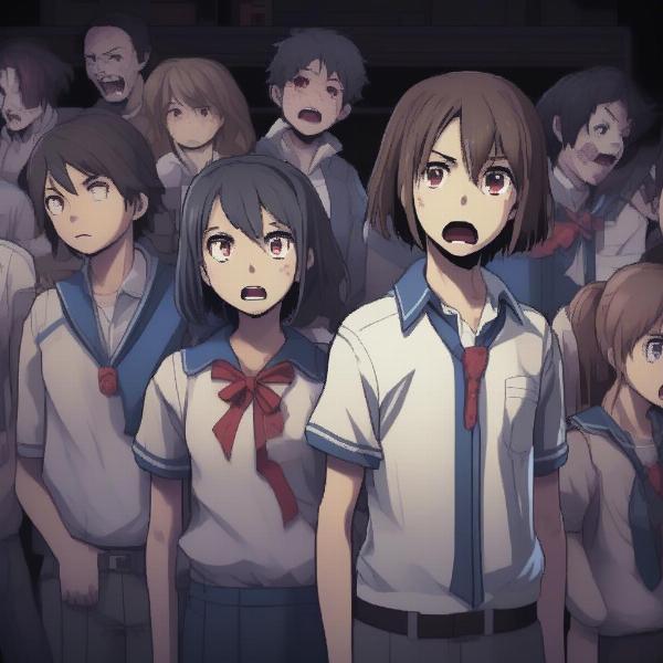 A group of pixelated characters looking afraid from the game Corpse Party