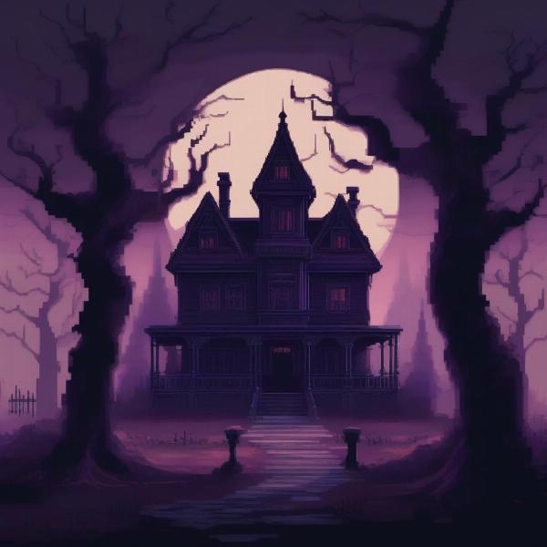 A dark and mysterious house with pixel art, from the Witchs House game