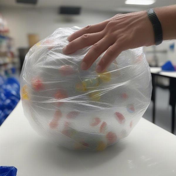 Plastic wrap ball game construction showing layering of gifts