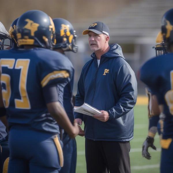Portage Central football coach discussing with players, demonstrating leadership