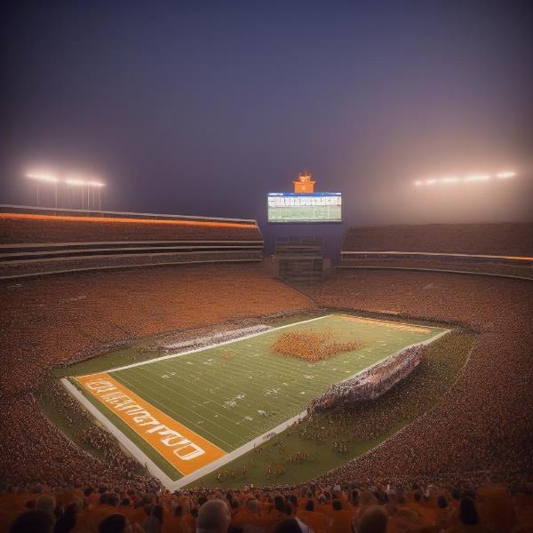 post game celebration with ut austin football fans in stadium with orange lights