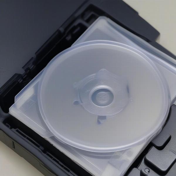 Close-up of a PS2 disk tray with a PS1 game inserted