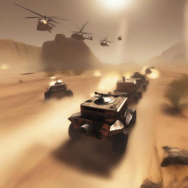 Rage Xbox 360 vehicle combat, showing the player's armored buggy in a fierce firefight against other vehicles