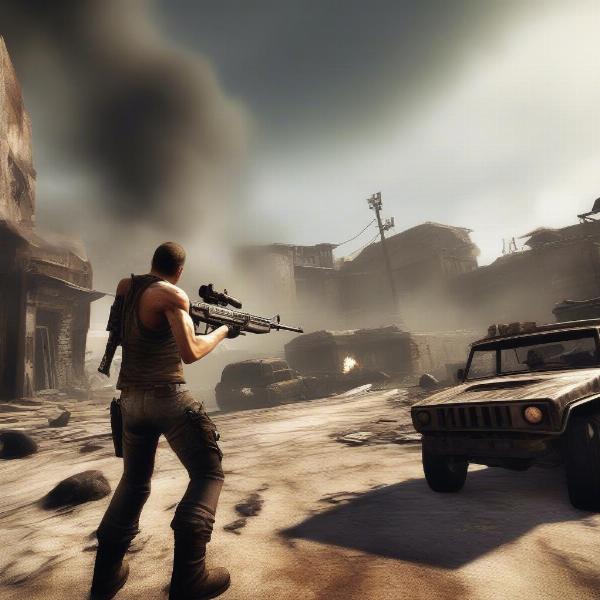 Rage Xbox 360 wasteland combat, showing player shooting bandits with a shotgun