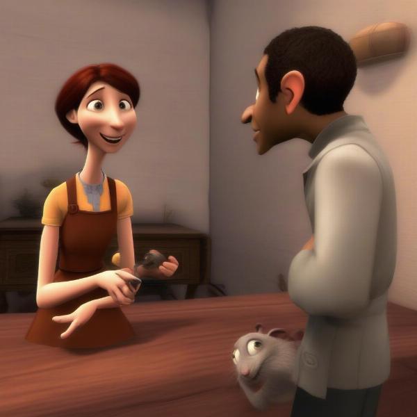 Ratatouille game screenshot of Remy interacting with a character in game