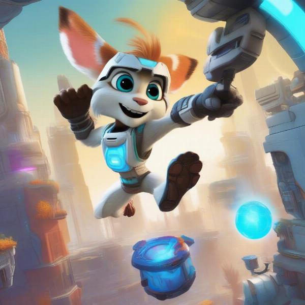 Ratchet and Clank jumping through a portal in a colorful, interdimensional scene