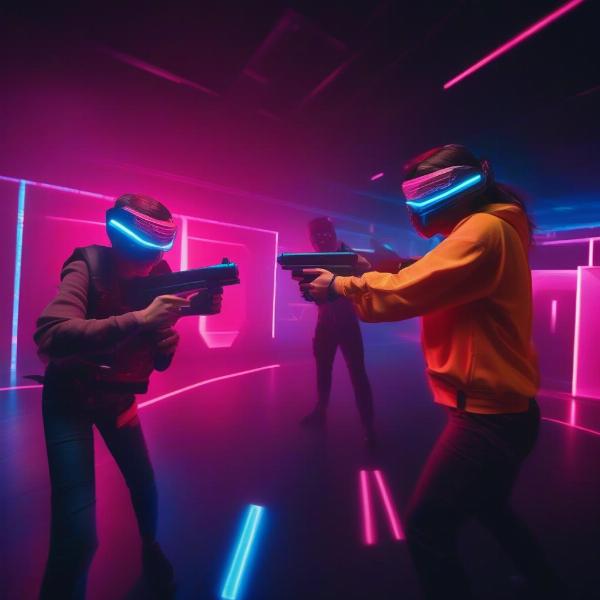 Rec Room Laser Tag action in futuristic neon lit arena