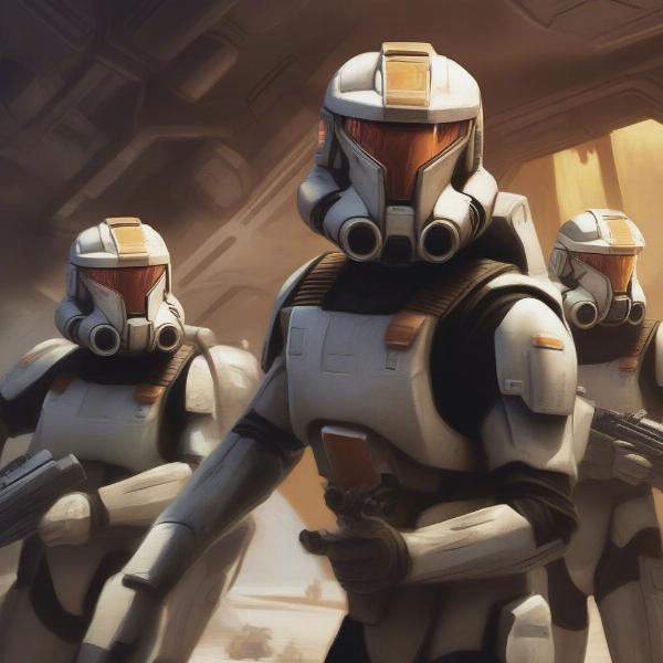 Republic Commando squad coordinating using tactical visor views in a team focused star wars first-person shooter game.
