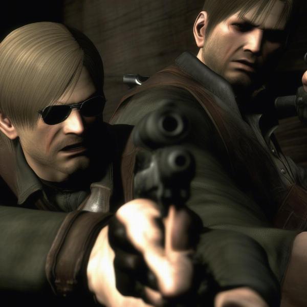 Leon aiming his gun at a Ganado during a tense encounter