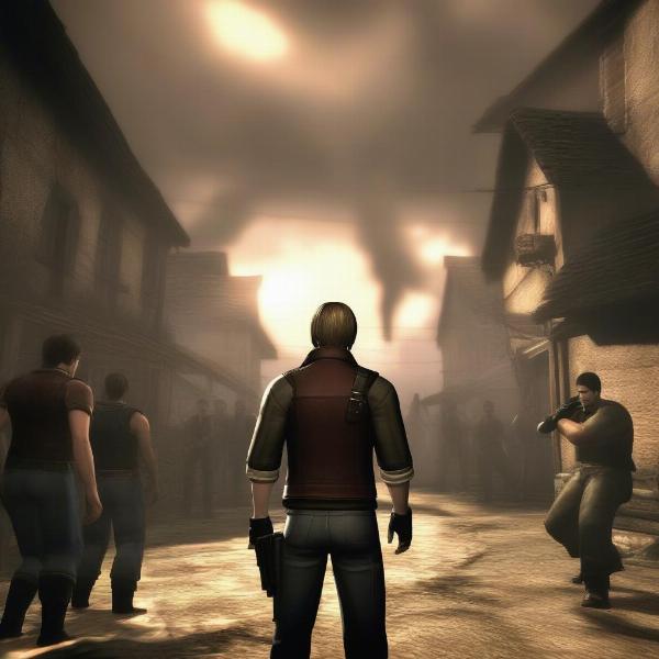 Leon Kennedy facing Ganados with over the shoulder camera