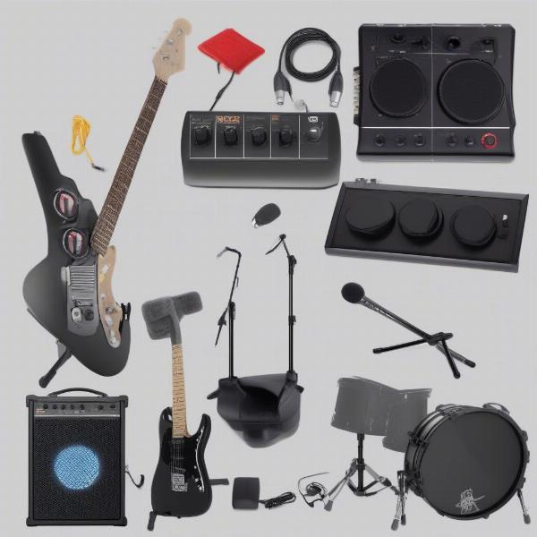 rock band 4 instrument controllers, including a guitar, drum set, and microphone, displayed on a white background