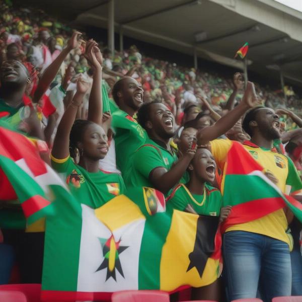 Saint Kitts and Nevis national football team supporters cheering and holding flags