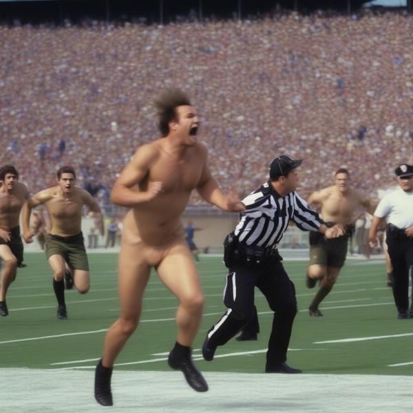 Security Guards Chasing Streaker at Football Game
