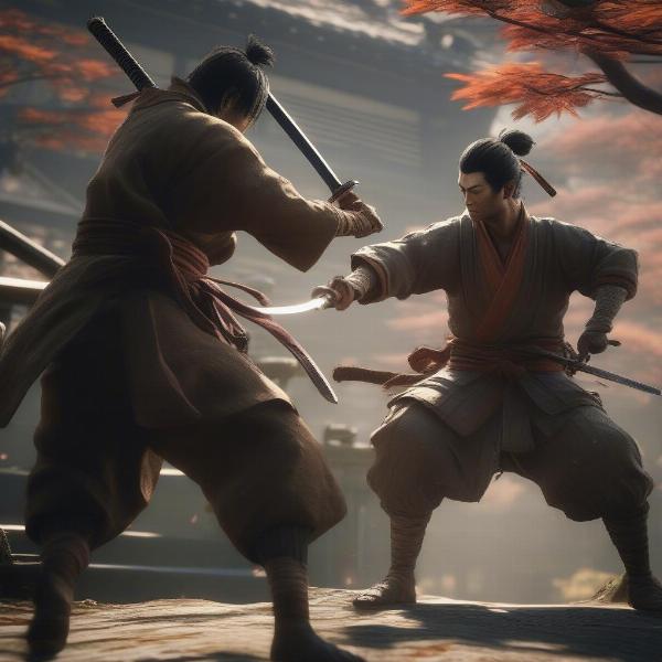 Sekiro combat scenario showcasing parrying mechanics during a fast paced sword fight in a serene Japanese setting