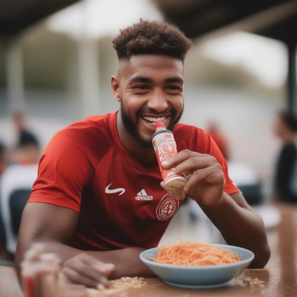 soccer player eating pasta before game