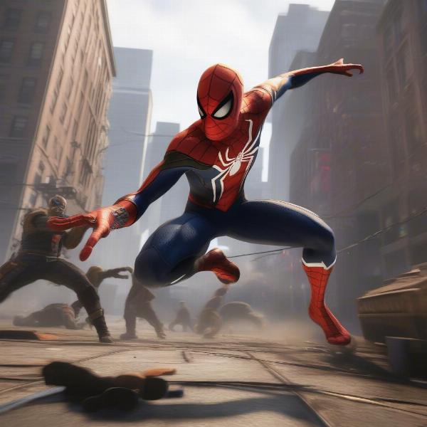 Spider-Man engaging in combat with multiple enemies in The Amazing Spider-Man 2 video game