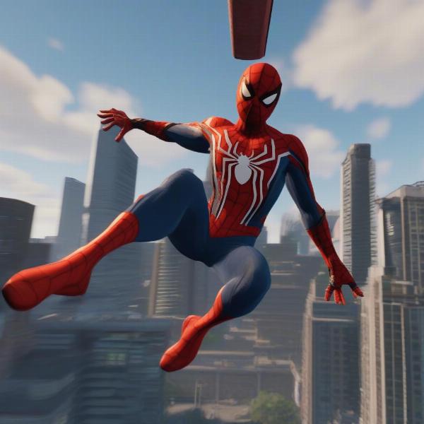 Spider-Man swinging across New York City in an Xbox One video game