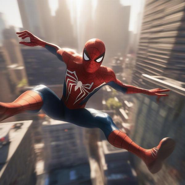 Spider Man PS4 swinging between skyscrapers in a sunny New York City with vibrant colors and sense of speed