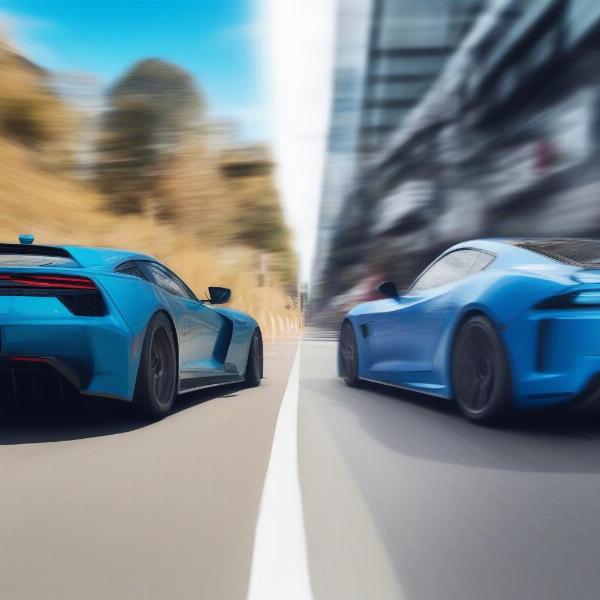 Split screen hybrid racing with 2 cars drifting
