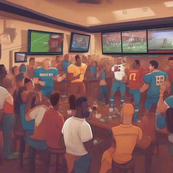 a bustling sports bar listening to eagles game