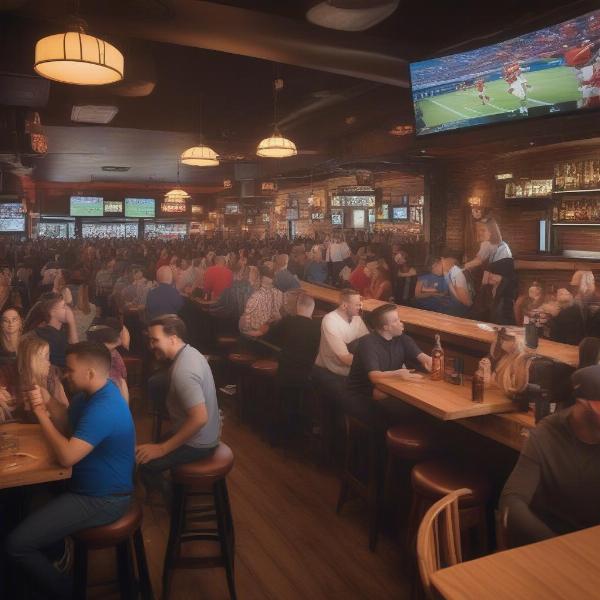 Sports Bar Filled with Fans Watching Game