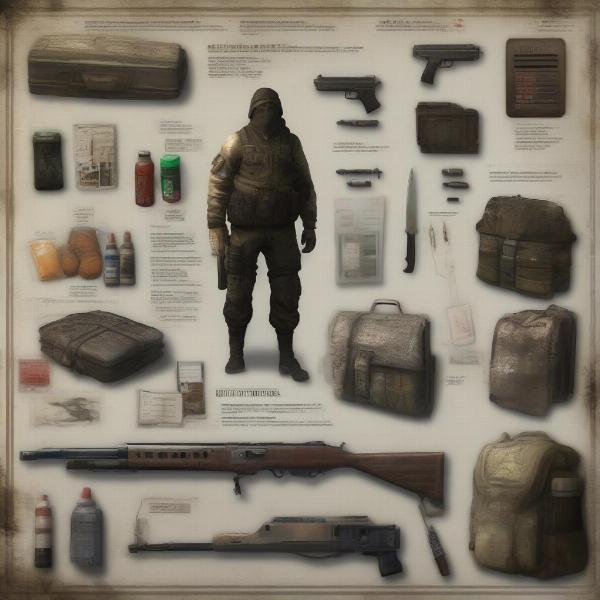 A close up view of a stalker inventory with various weapons, ammunition and food.