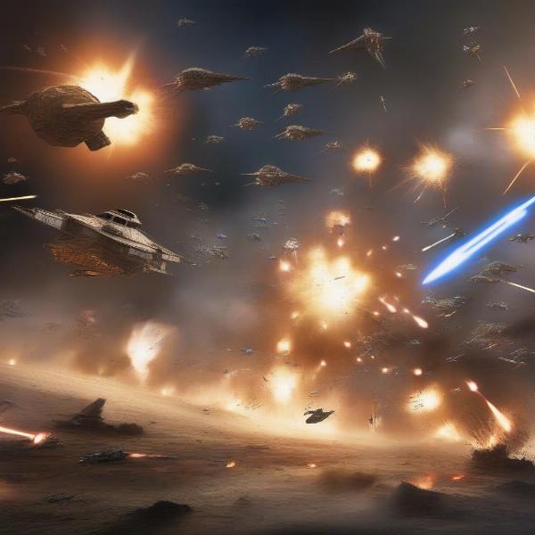 Star Wars battle scene with various spaceships