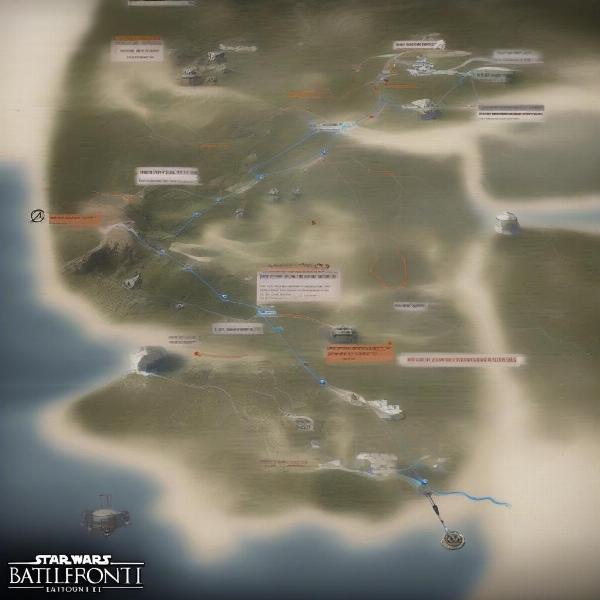 Star Wars Battlefront 2 Online Game Map, highlighting strategic locations and pathways for effective gameplay