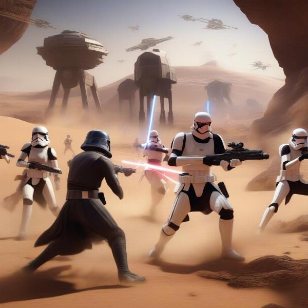 Star Wars Battlefront II on Xbox One, depicting a multiplayer battle with multiple hero characters