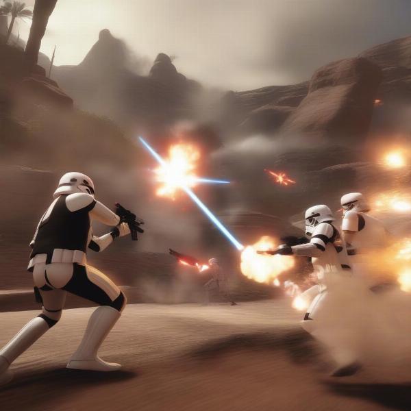 Star Wars Battlefront 2015 gameplay showing fast-paced blaster combat between Rebel and Imperial forces