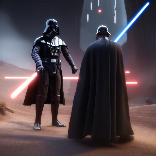 Star Wars Battlefront hero battles featuring Darth Vader and Luke Skywalker in a close-quarters battle of the force user first person perspective.