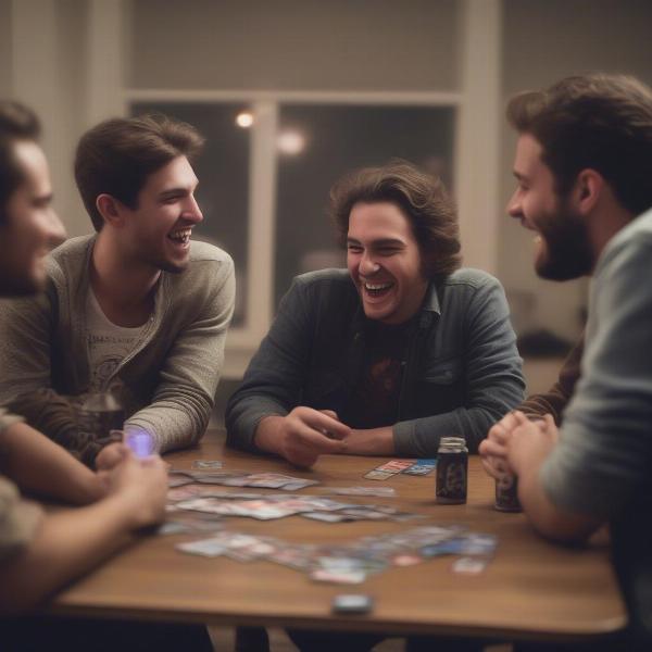 group of friends playing star wars card game