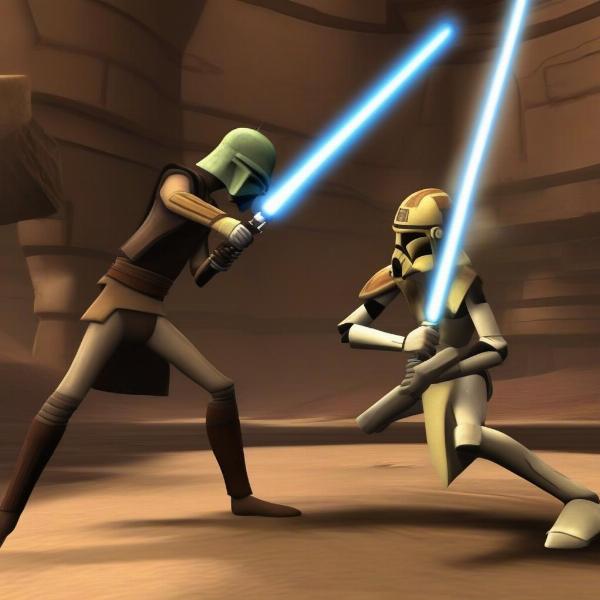 Star Wars The Clone Wars Gamecube combat showcasing a lightsaber duel with a droid
