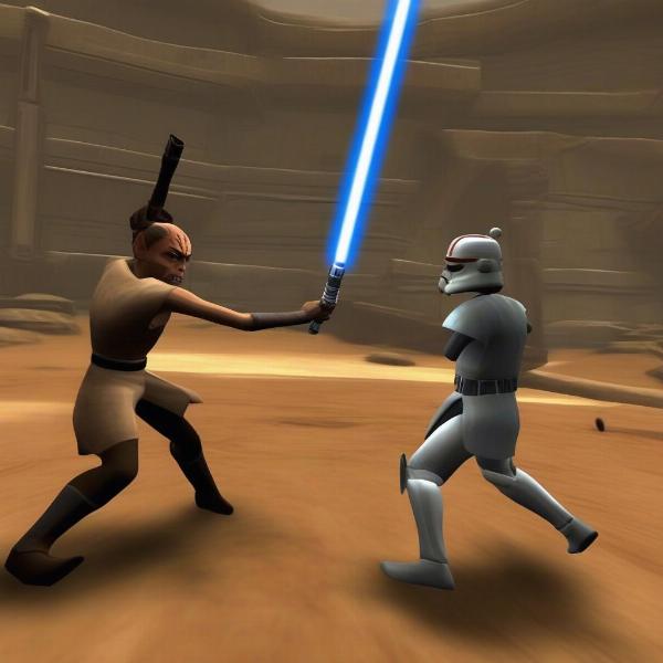 Star Wars Clone Wars Lightsaber Duels game on Wii showing a fierce lightsaber battle with motion controls