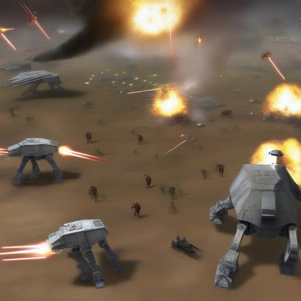 star wars empire at war ground battle featuring at-ats troops and buildings