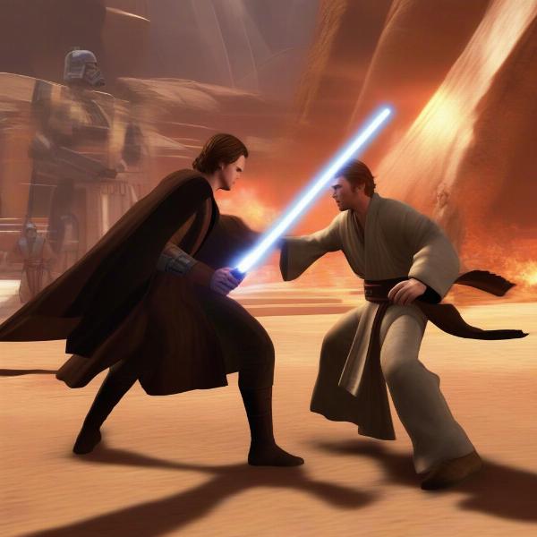 star wars episode 3 game gameplay showing anakin skywalker and obi wan kenobi