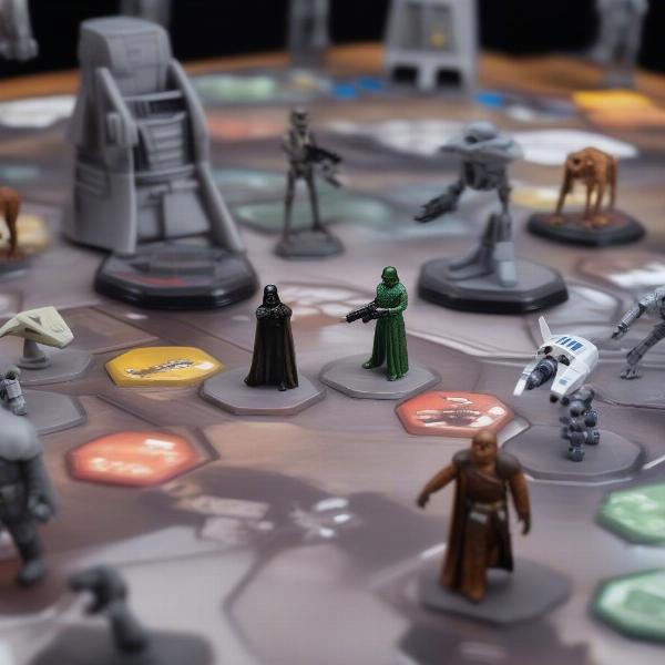 Star Wars Imperial Assault game board with miniatures and cards