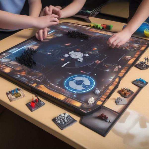 star wars interactive video board game setup with physical components and tablet