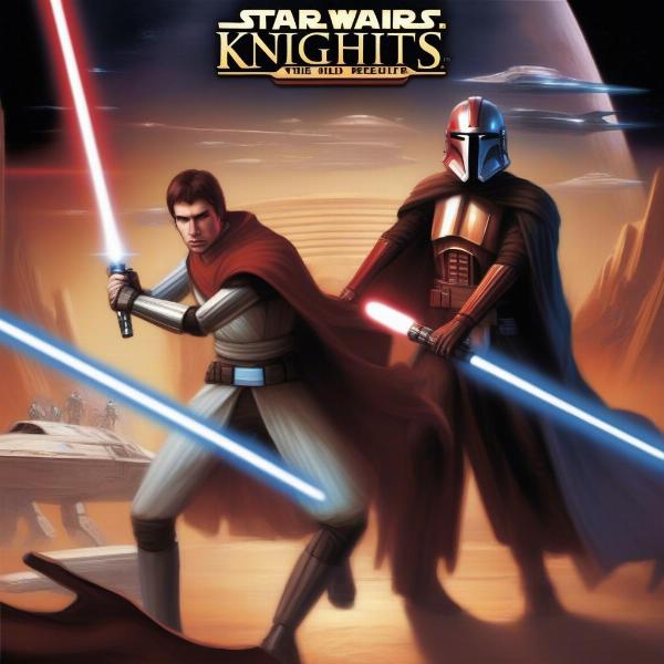 Star Wars Knights of the Old Republic game box art, showing a Jedi and Sith facing each other with spaceships in background