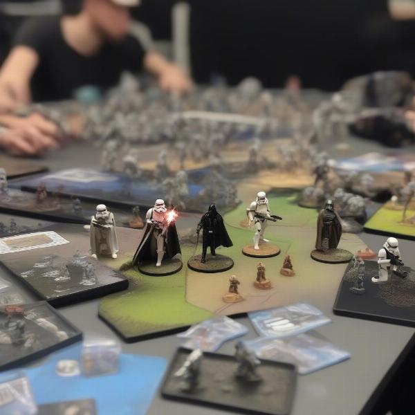 Star Wars Legion core gameplay elements, showing miniatures and dice