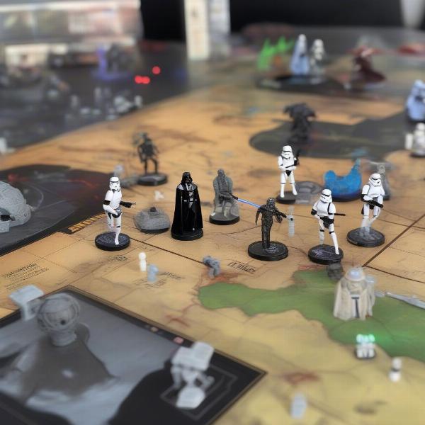 star wars rpg miniatures tabletop setup with dice and battle map