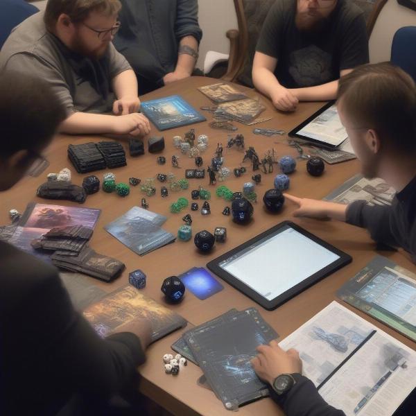 A diverse group of people playing a Star Wars RPG around a table
