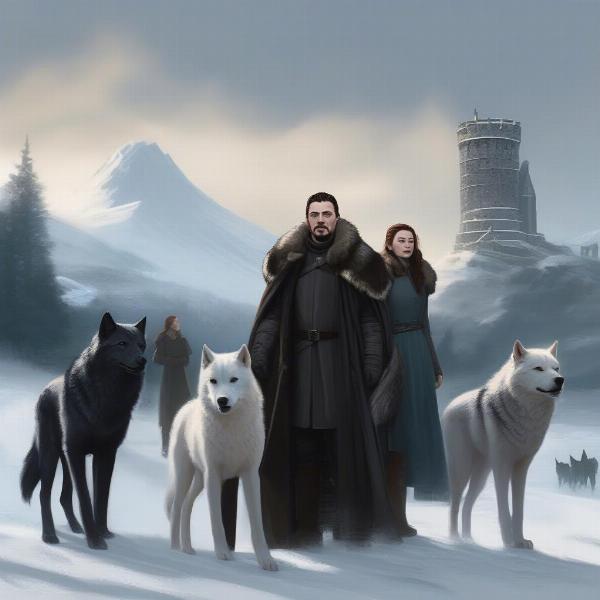 Stark family with direwolves and winter background